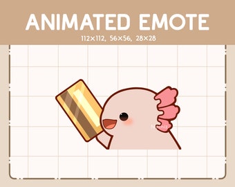 Puede incluir: Emoticono animado con un ajolote rosa claro sosteniendo una barra de oro. El ajolote tiene branquias rosas y una expresión feliz. El texto "ANIMATED EMOTE" está en la parte superior, con detalles de tamaño. El nombre de la tienda Etsy "Nipchiz" está en la parte inferior.