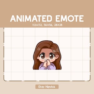 Emoticón animado Chica de cabello castaño largo y liso tiene un plan con cara intrigante / Emoticón para transmisión / Emoticón Chibi