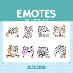 May include: Set of eight digital emoticons featuring a cartoon snow leopard in various poses, including sleeping, singing, blowing a bubble, and taking a selfie. The emoticons are in different sizes, with the largest being 112x112 pixels and the smallest being 28x28 pixels.