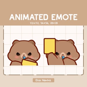Emote animée Adorable grizzli chibi soufflant dans un sifflet et tenant un carton jaune - Emote pour le streaming - Emote animal mignon