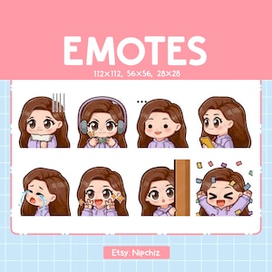 Emoticones de chica chibi kawaii / 8 lindos emotes para transmitir / Cabello castaño largo y liso / Ojos marrones