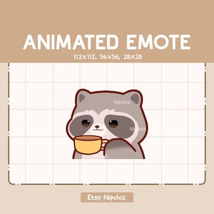 Animated Emote Raccoon is Sipping a Cup of Coffee - Chibi Cartoon Emote - Ready to Use - Funny Emote