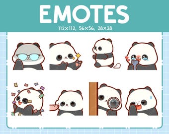 May include: Set of eight panda bear emoticons in various poses, including wearing glasses, holding a phone, and celebrating with confetti. The emoticons are in black and white with a light blue background.