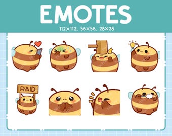May include: Set of nine bee emoticons in various poses, including a bee holding a phone, a bee with a hammer, a bee with a lightbulb, a bee with a sign that says "RAID", a bee with its hands clasped in prayer, a bee with its hands over its mouth, and a bee shaving. The emoticons are in different sizes, with the largest being 112x112 pixels and the smallest being 28x28 pixels.