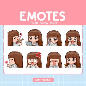 Cute Girl Emotes for Streamer (8) | Straight Brown Hair with Bangs | Brown Eyes | Kawaii Chibi Girl, Emoji Pack