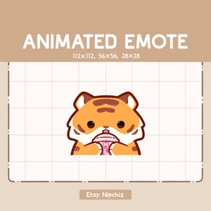 Adorable emoticón animado de tigre bebiendo boba / emoticón lindo kawaii / Listo para usar / Emote para transmisión