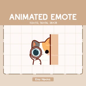 虫眼鏡を持った好奇心旺盛な三毛猫が壁の後ろから調べているアニメーション絵文字 / かわいい漫画絵文字 / ちび絵文字