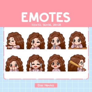 Kawaii Girl Emotes (8) / Brown Curly Hair / Cute Emotes for Streamer / Brown Eyes/ Chibi Girl Emoji Bundle