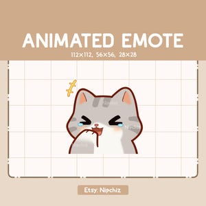 Emote animée Chat tigré Chibi gris qui rit / Emote drôle Chibi / Emote pour le streaming / Emote dessin animé