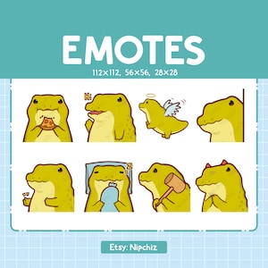 May include: A set of eight cartoon crocodile emotes in various poses, including eating pizza, sleeping, and wearing a halo. The emotes are yellow with black outlines and are set against a white background with a blue grid pattern.
