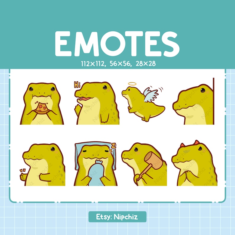 May include: A set of eight cartoon crocodile emotes in various poses, including eating pizza, sleeping, and wearing a halo. The emotes are yellow with black outlines and are set against a white background with a blue grid pattern.