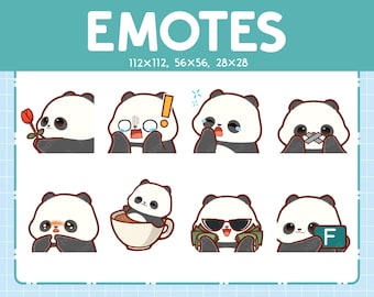 May include: Set of eight panda bear emoticons in various poses and expressions. The emoticons are in different sizes, with the largest being 112 pixels by 112 pixels and the smallest being 28 pixels by 28 pixels.