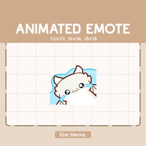 Puede incluir: Un emote animado con un gato blanco con una expresión triste y lágrimas, sobre un fondo azul claro. El texto "ANIMATED EMOTE" está en la parte superior, con las dimensiones debajo. El nombre de la tienda Etsy "Nipchiz" está en la parte inferior.