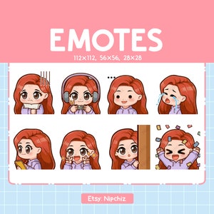 Chibi girl Emotes / Long Straight Red Hair / Cute Emoji Pack | 8 Girl Emotes for Streaming |Brown Eyes Emote