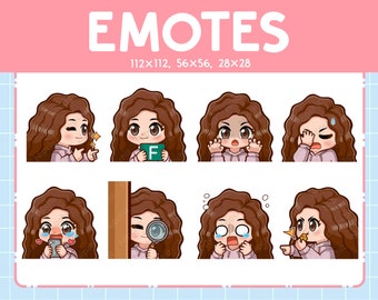 Emotes de menina Kawaii Chibi | 8 Emotes fofos para streaming | Cabelo castanho cacheado | Olhos castanhos