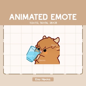 Animiertes Emote Chibi Highland Kuh trinkt ein Glas Wasser - Entzückendes Cartoon Emote - Chibi Kawaii Emote - Gebrauchsfertig