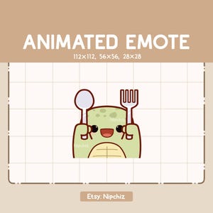 Animated Emote Adorable Turtle is Holding a Spoon and Fork - Chibi Cartoon Emote - Ready to Use - Funny Emote