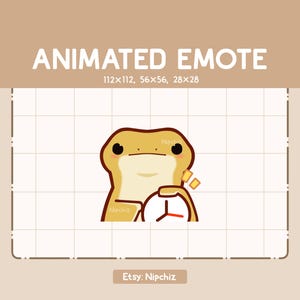 May include: Animated emote of a yellow frog holding a clock with a red hand. The frog is smiling and has a light brown outline. The clock is white with a black outline and a red hand. The background is a white grid.