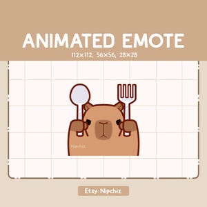 Könnte beinhalten: Animierter Emote mit einem Cartoon-Capybara, das einen Löffel und eine Gabel hält. Der Text "ANIMATED EMOTE" steht oben, mit Größenangaben darunter. Der Etsy-Shop-Name "Nipchiz" steht unten.