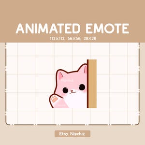 Animated Emote Pink Cat is Greeting You by Waving His Hand from Behind a Wall - Adorable Cartoon Emote - Chibi Kawaii Emote