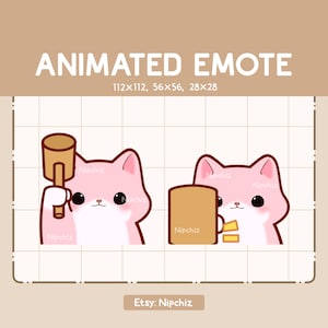 Animated Emote Cute Pink Cat is Knocking the Hammer / Cartoon Chibi Emote / Ready to Use / Adorable Emote