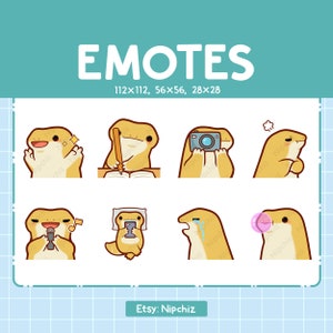 May include: Set of eight yellow cartoon gecko emotes with different expressions. The emotes are in various poses, including writing, taking a photo, singing, and crying. The emotes are available in three sizes: 112x112, 56x56, and 28x28.
