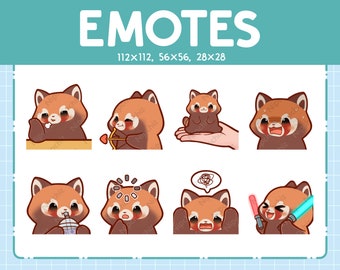 May include: Nine different animated red panda emotes in various poses, including eating, holding a heart arrow, and holding a lightsaber. The emotes are in a grid format with the text "EMOTES" and "112x112, 56x56, 28x28" above the grid and "Etsy: Nipchiz" below the grid.