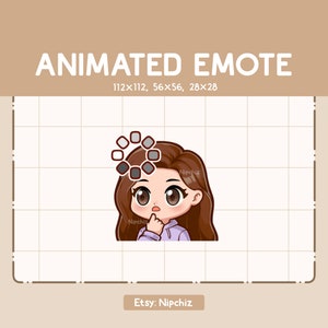 Könnte beinhalten: Animiertes Emoji eines braunen Mädchens mit einem lila Hoodie, das mit einem Finger am Kinn nachdenkt. Ein Ladekreis mit grauen und weißen Segmenten befindet sich über ihrem Kopf. Das Emoji ist in drei Größen verfügbar: 112x112, 56x56 und 28x28.