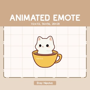 Animated Emote Cute White Cat Inside a Cup of Coffee is Spinning Around - Cute Cartoon Emote - Ready to Use