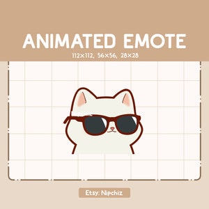 Emote animé chibi chat blanc avec lunettes de soleil noires vibre en agitant la tête d'avant en arrière - emote dessin animé - prêt à l'emploi