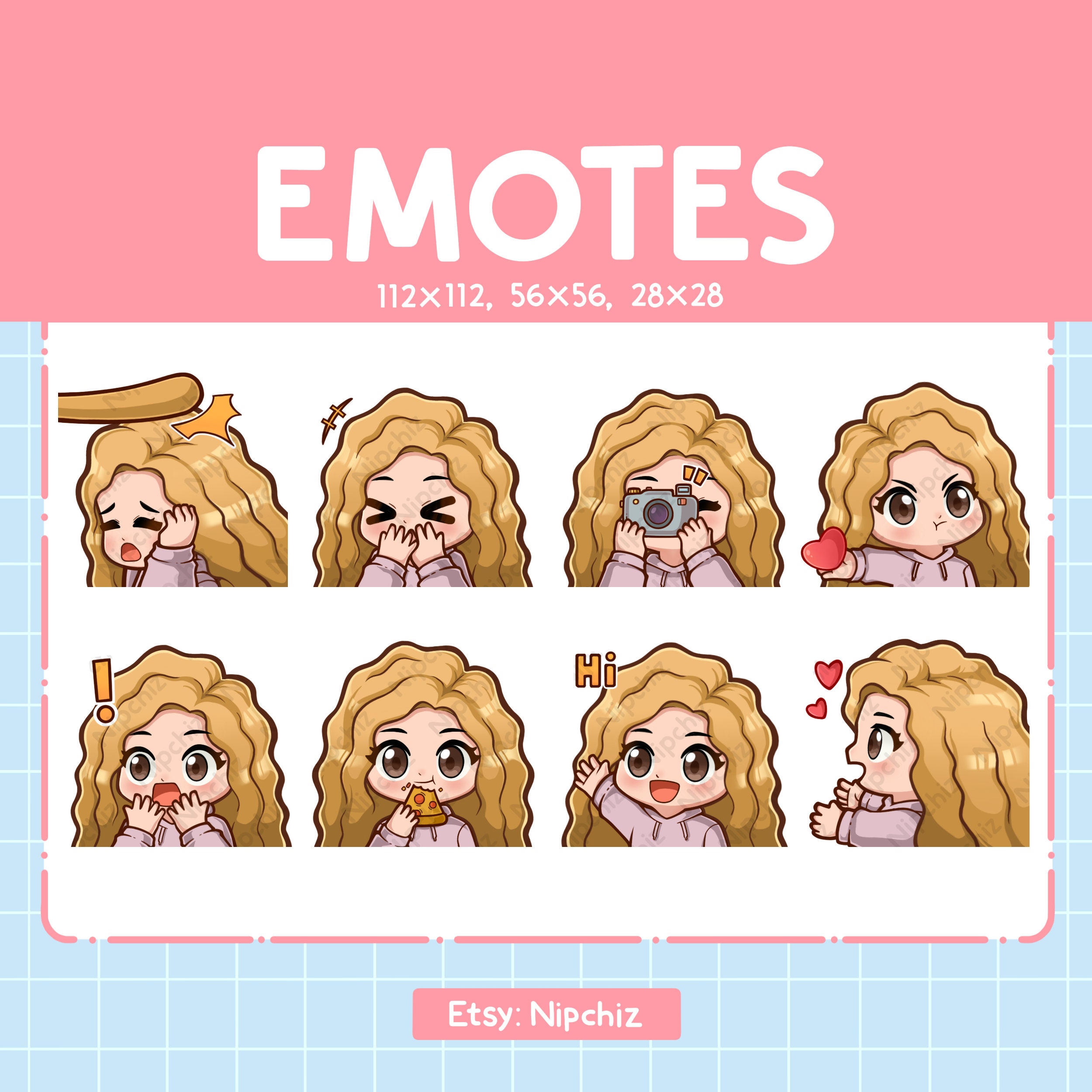 Blonde Curly Hair Girl Emotes for Streamer 8 Brown Eyes Kawaii Girl ...