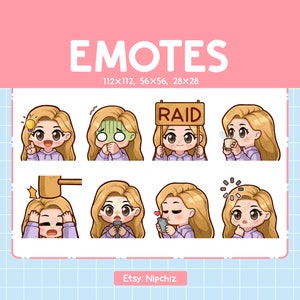 Kawaii Girl Emotes (8) / Long Straight Blonde Hair / Cute Emotes for Streamer / Brown Eyes/ Chibi Girl Emoji Bundle