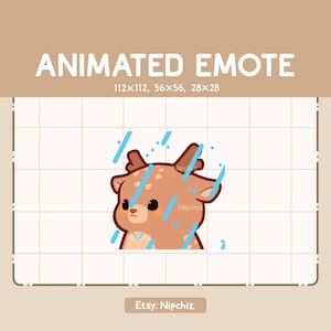 Peut inclure: Émoticône animé d'un cerf brun avec des taches blanches, portant un collier bleu, regardant vers la gauche. Le cerf se tient devant une animation de pluie bleue.