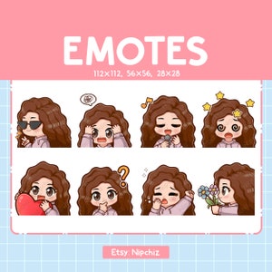 Cute Girl Brown Curly Hair Emotes 8 Pack / Chibi Girl Emotes for Streamer / Brown Eyes Kawaii Emoji Set