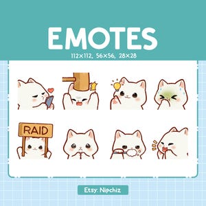 Lot de 8 émoticônes chat blanc mignon | Emotes chat chibi pour streamer | Ensemble d'emojis kawaii