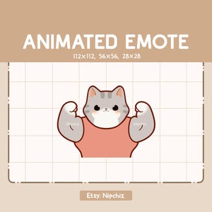 Emoticono animado Gato atigrado gris flexionando sus músculos / Emoticono divertido y tierno / Emoticono para transmisión / Emoticono kawaii