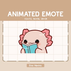 Puede incluir: Un emote animado con un ajolote de dibujos animados leyendo un libro azul. El ajolote es de color rosa claro con branquias rosas y ojos negros grandes. El texto "ANIMATED EMOTE" está en la parte superior, con dimensiones. El nombre de la tienda Etsy "Nipchiz" está en la parte inferior.