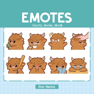 Kawaii Highland Cow Emotes (8) – Urocze emotikony dla streamerów – Chibi Highland Cow Emoji Bundle