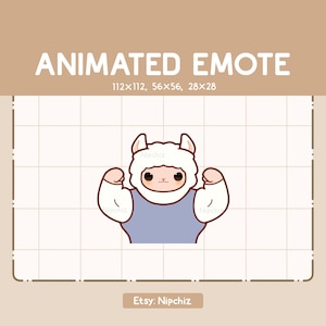 Peut inclure: Une émoticône animée représentant un lama de dessin animé qui fait ses muscles. Le lama a une fourrure blanche, une chemise bleu clair et des yeux bruns. Le texte "ANIMATED EMOTE" est en haut, avec les dimensions. Le nom de la boutique Etsy "Nipchiz" est en bas.