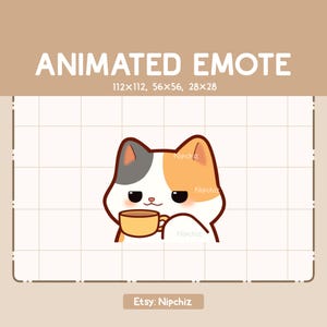 アニメーション絵文字三毛猫がお茶をすすっています - 漫画絵文字 - ストリーミング用の面白い絵文字 - すぐに使用できます