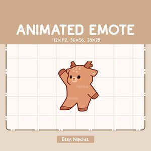 May include: Animated emote of a brown deer with white spots, wearing a brown outfit and raising its right paw. The deer has a light brown nose and large, round, brown eyes. The emote is available in three sizes: 112x112, 56x56, and 28x28 pixels.