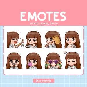 Cute Girl Emotes (8) | Straight Brown Hair with Bangs | Brown Eyes, Emoji for streaming, Kawaii Emote Pack