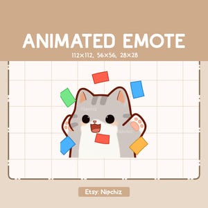 Emote animado de gato atigrado gris alegre celebrando / Emote kawaii de dibujos animados / Listo para usar / Emote divertido y lindo