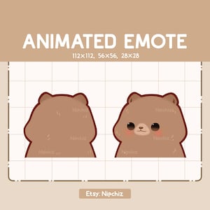 May include: Animated emote of a brown bear with a cute expression. The bear is shown in two different poses, one looking forward and the other looking to the side. The emote is available in various sizes, including 112x112, 56x56, and 28x28 pixels.