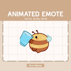 Geanimeerde emote Chibi Bee drinkt een glas water / Kawaii cartoon-emote / Chibi-emote voor streamer / Klaar voor gebruik