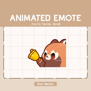 Emoticono animado: Panda rojo que intenta llamar la atención tocando una campana. Emoticono divertido para transmisión. Emoticono kawaii