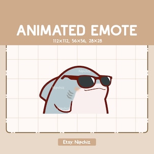Emoticono animado de tiburón chibi con gafas de sol negras que vibra moviendo la cabeza hacia adelante y hacia atrás. Emoticono de dibujos animados lindo, listo para usar.
