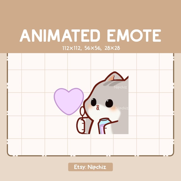 Gesto animado: lindo gato atigrado gris soplando una burbuja de jabón con forma de amor. Gesto de dibujos animados divertido, listo para usar. Gesto Chibi para transmisores.