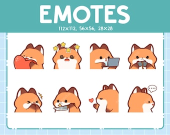 May include: A set of eight fox emoticons in various poses, including holding a heart, wearing glasses, using a laptop, playing a video game, covering its eyes, holding a knife, looking at a heart, and thinking. The emoticons are in different sizes, with the largest being 112x112 pixels, the medium being 56x56 pixels, and the smallest being 28x28 pixels.