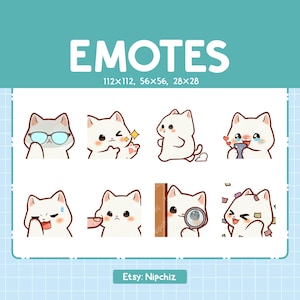 Emotes Gato Blanco / 8 Lindos Emotes para Streaming / Digital / Paquete de Emotes Chibi White Cat